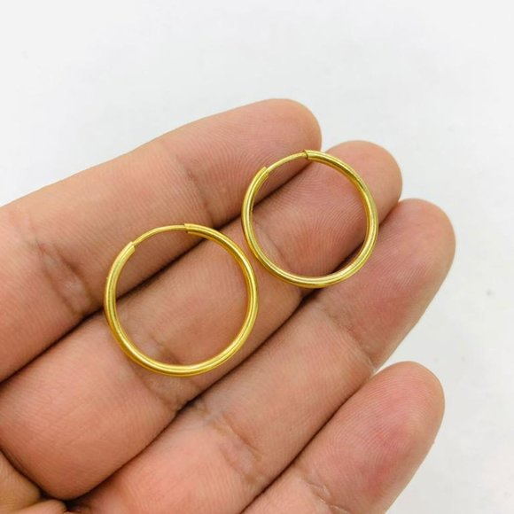 14K Solid Gold F Endless Hoop Earrings Ear Piercing 21x21mm Hoop Argollas Oro - Picture 3 of 6